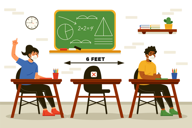 Illustration of high school students in a classroom with 6ft distance