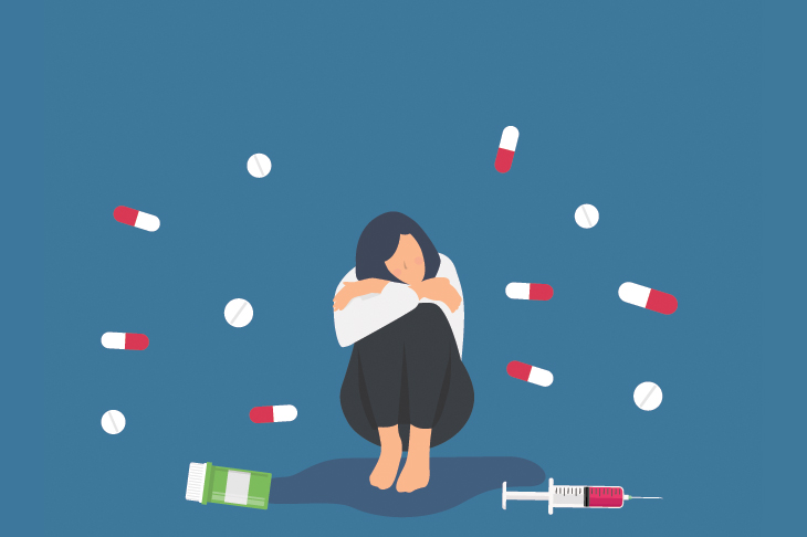 Illustration of high school student surrounding by pills, needles and pill capsules.