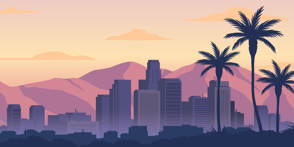 Illustration of Los Angeles skyline with mountains and palm trees