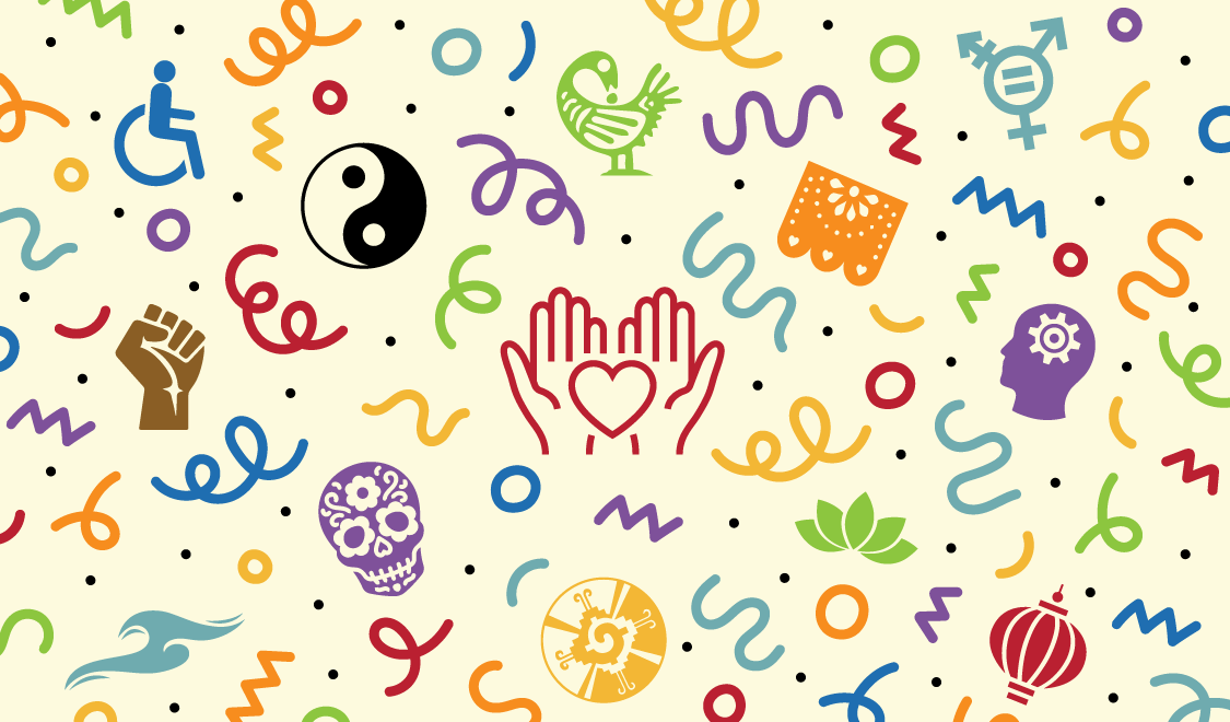 Colorful symbols representing different cultures and diverse identities with different abstract squiggles and circles on a light yellow background