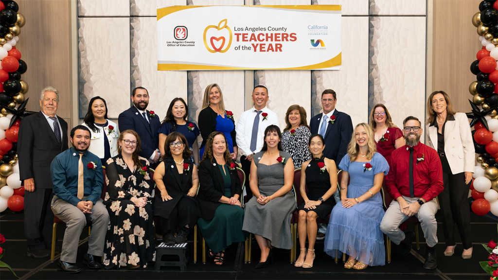 Teacher of the Year 2025 Top 16 picture with Los Angeles County Board of Education President James Cross and County Superintendent of Schools Dr. Debra Duardo