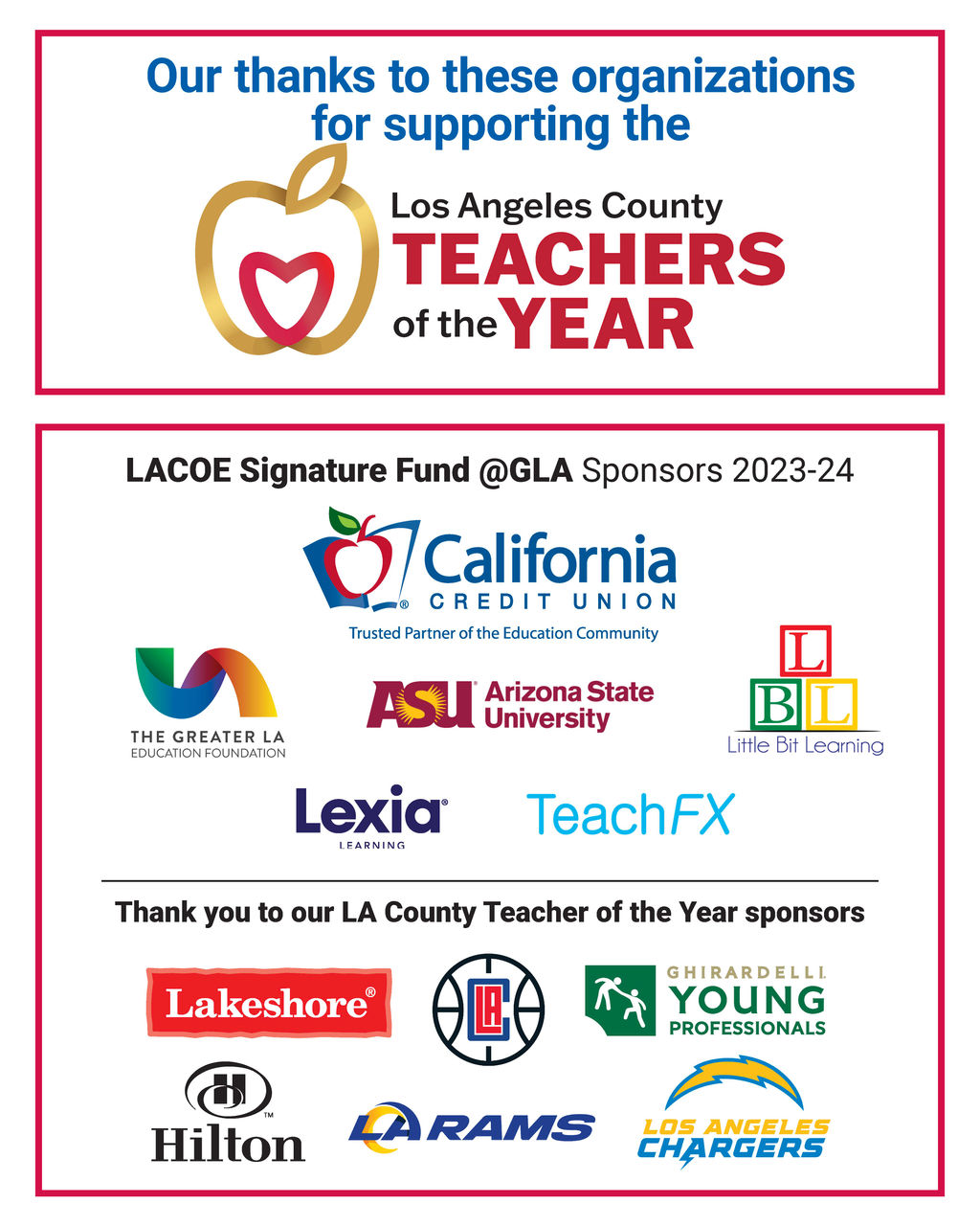 Flyer showing Teachers of the Year sponsors