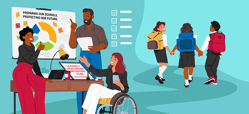 an illustration of a group of adults sitting around a table and whiteboard planning things while a group of students walk with smiles behind them