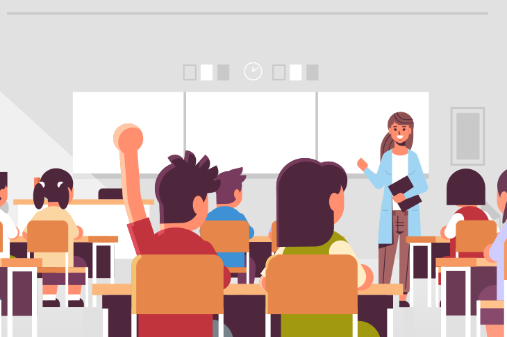 Illustration of students in a classroom with one student raising his hand