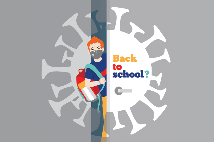 Illustration of student coming back to school with mask and Covid-19 image in the background