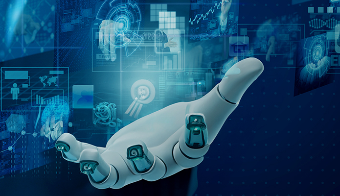 Out stretched robotic hand with various blue digital screens above it