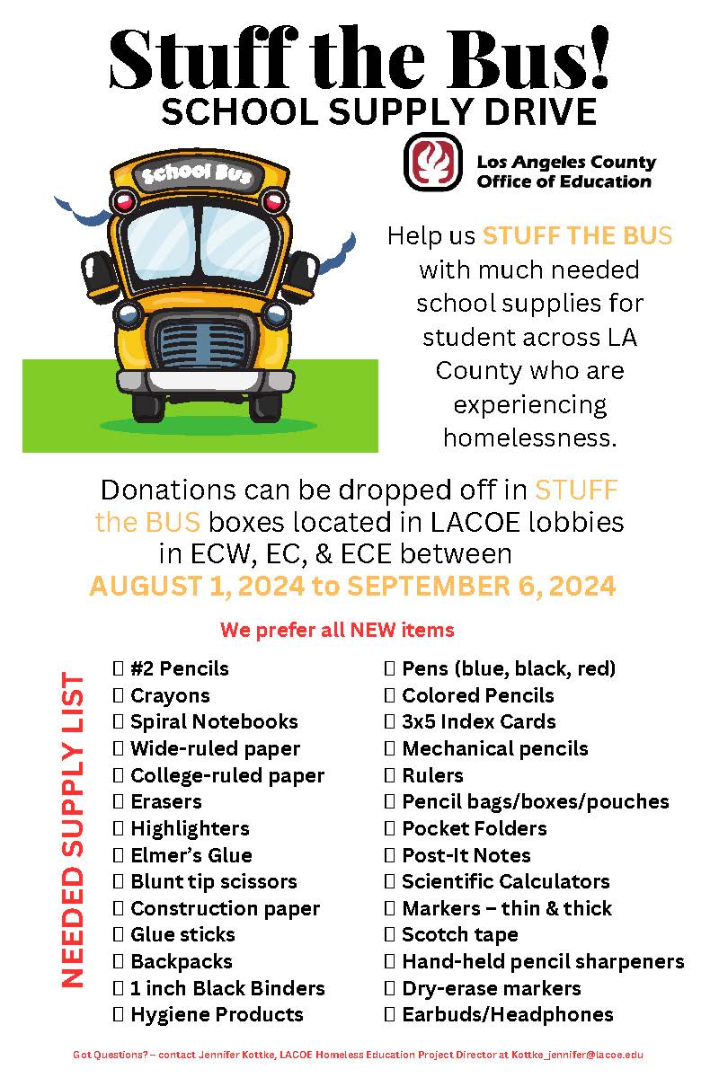 Flyer with information on the Stuff the Bus School Supply Drive
