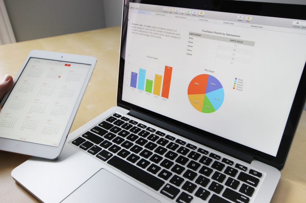 Laptop screen with chart and graph and a tablet