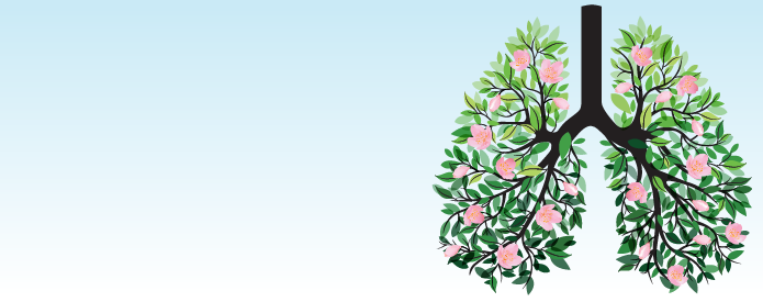 Lungs illustrated as trees with green leaves and pink flowers on a blue to white graident