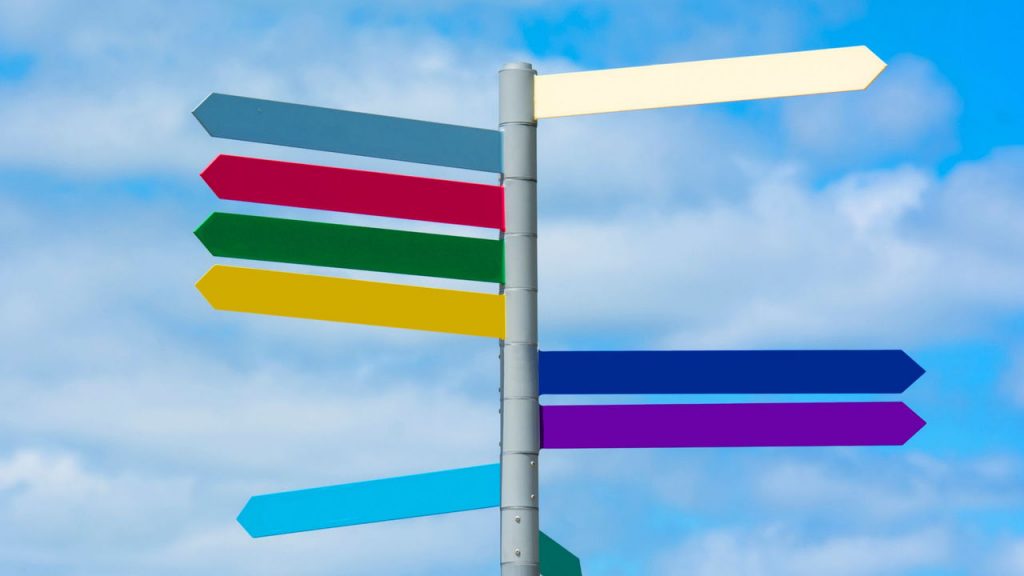 Direction Arrow Signs pointing to different directions with cloud background