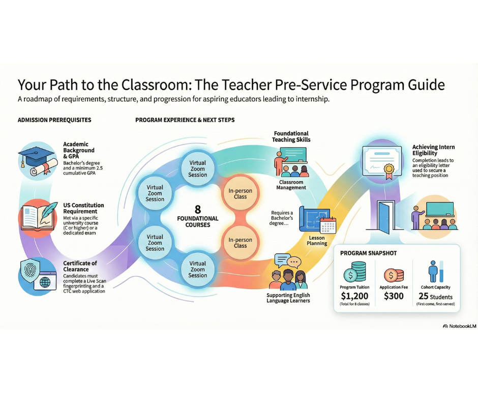 Program Overview and Structure The Pre-Service Program serves as the foundation for the broader intern program, focusing on essential skills like lesson planning, classroom management, and technology integration. • Format: The program consists of eight foundational classes. • Delivery: Six classes are held virtually via Zoom, while two (Curriculum 113 and Tech 110) are conducted in-person at the Downey office. • Schedule: Classes typically run in the evenings from 5:30 to 8:30 PM. • Cohort Model: Enrollment is on a first-come, first-served basis, with each cohort capped at 25 students. Eligibility Requirements Before applying, candidates must meet three primary criteria: 1. Bachelor’s Degree: Must be from a regionally accredited institution with a minimum 2.5 cumulative GPA. 2. U.S. Constitution Requirement: Met by earning a "C" or higher in a relevant college course (e.g., US History or Government) or by passing a specialized online exam. 3. Certificate of Clearance: Applicants must have a valid Certificate of Clearance from the CTC or a current 30-day substitute permit. Cohort J (Fall 2025) Key Dates A typical graphic for the program highlights critical deadlines for upcoming cohorts, such as Cohort J: • Application Deadline: July 3. • Tuition Deadline: July 11. • Mandatory Orientation: July 28. • Course Start Date: August 4. Credential Pathways The program prepares students for various credential types, which may require specific CSET exams for subject matter competency if not met through prior degree coursework: • Multiple Subject and Single Subject. • Special Education: Including Mild to Moderate, Extensive Support Needs, and Early Childhood Special Education (which does not require a CSET). • PK-3 Credential: Requires 24 units of child development rather than a CSET. Financial Investment • Application Fee: $300. • Program Tuition: $1,200 for the full series of eight classes. • Passing Standard: Students must maintain an 80% or higher in each course; failing a course results in a $150 retake fee.