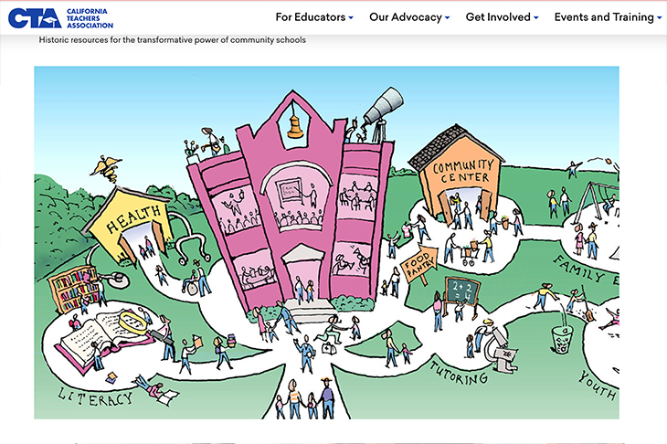 cartoon image of school and buildings