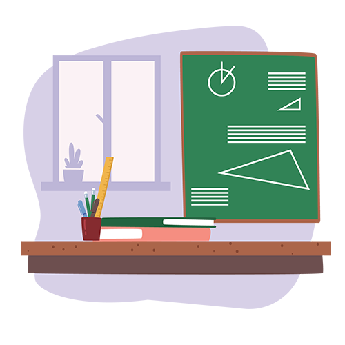 illustration of a classroom table with books and a chalkboard