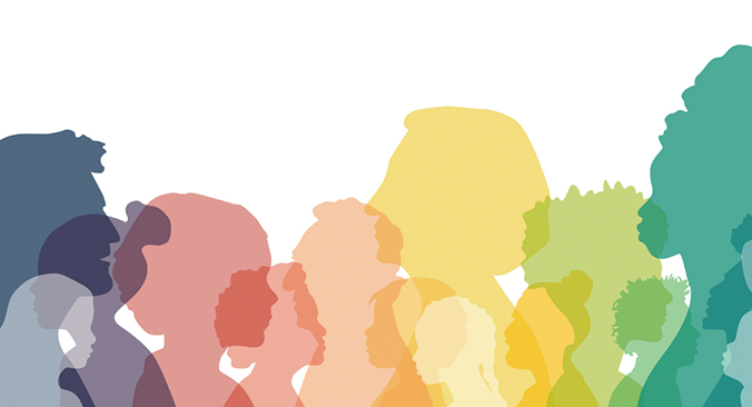 Silhouettes of people facing each other of varying sizes and colors