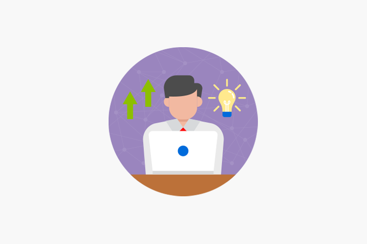 Illustration of person using a laptop with floating green arrows and light bulb icon