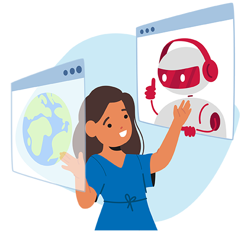 illustration of a girl holding up two floating website windows, one with a picture of the Earth and the other with a picture of an AI robot giving a thumbs up