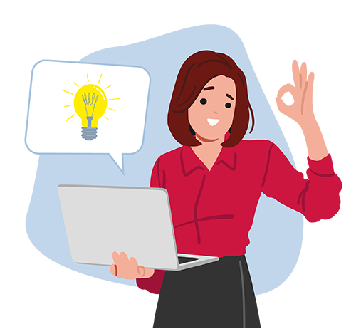 illustration of a woman holding a laptop doing a hand sign that signifies "OK!" while a speech bubble comes out of the laptop with an idea lightbulb inside it