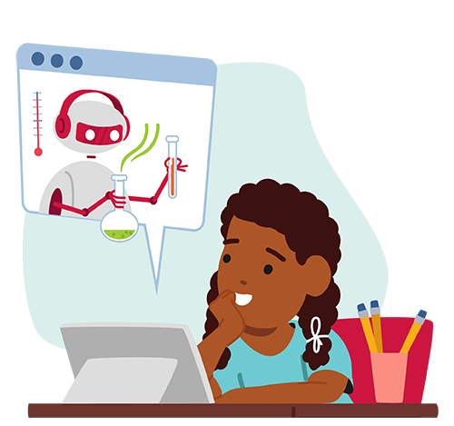 illustration of a girl happily using her tablet, while a speech bubble with an AI robot pops out of the screen holding a science experiment