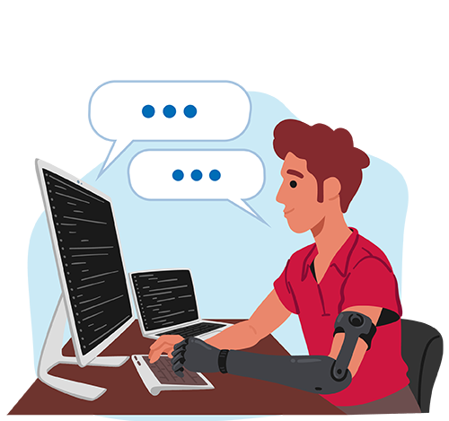 illustration of a man with a prosthetic arm is typing on his computer, while there are 2 speech bubbles between him and his computer
