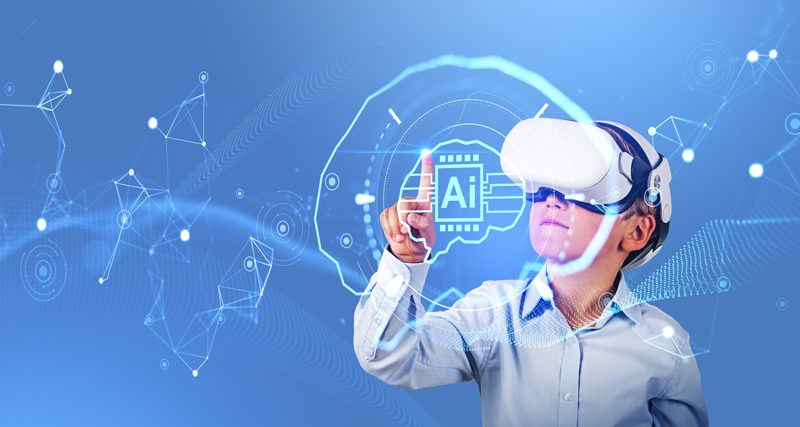 A young student wearing VR glasses