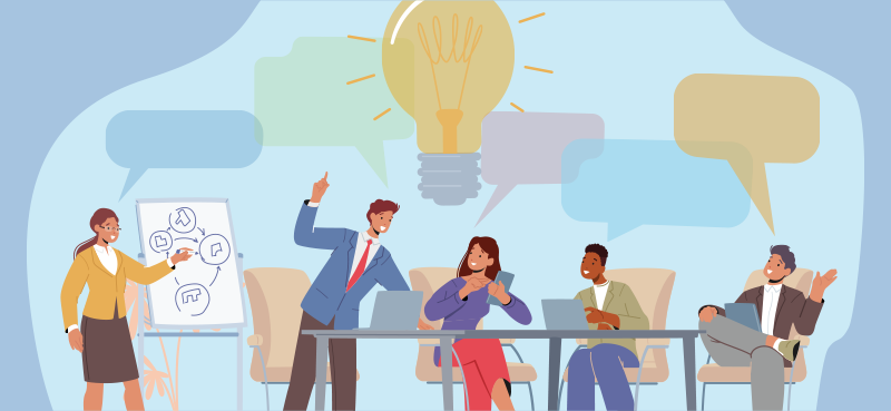 illustration of five team members in a meeting sitting around a table, with blank speech bubbles around them and a big idea light bulb in the middle