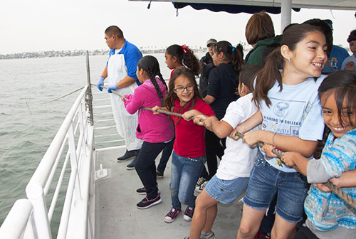 Students on a boat learning about marine science